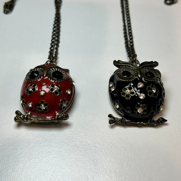 Vintage Black & Red Enamel & Rhinestone Owl Necklaces (2 Piece) SO CUTE! - Picture 5 of 6